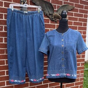-Koret City Blues Petites Denim Bandanna Vintage Twill Capri/Top 2pc Women Large